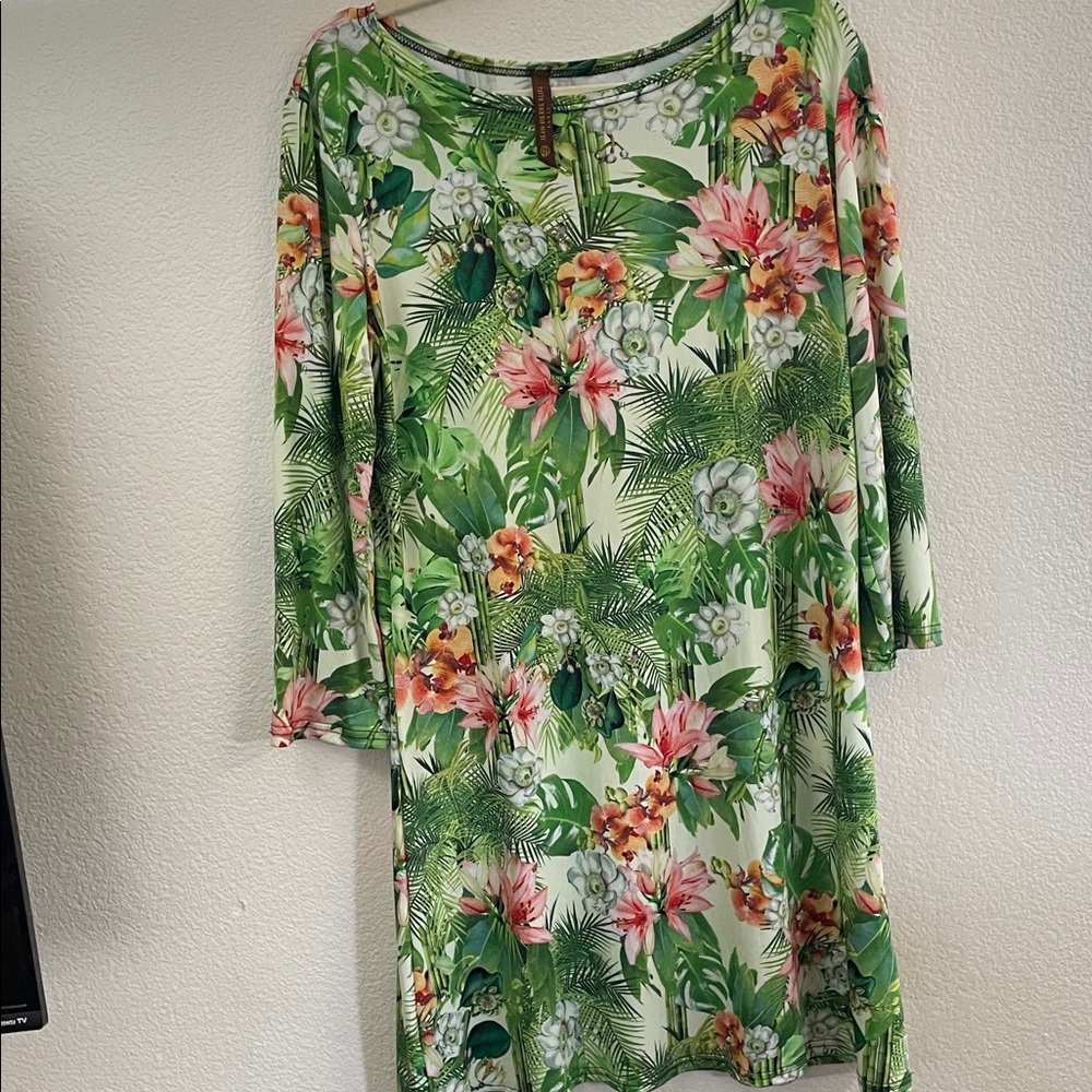 John-Pierre Klifa Paris Floral Tropical Print Dress resort pool party boho L